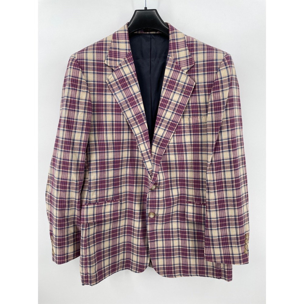 Hunter's Glen Plaid Blazer Mens 44R* Burgundy Cotton Sport Coat Made in USA